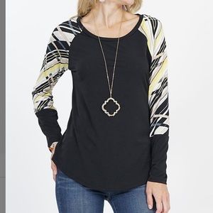 Black & Yellow Geometric Raglan Top